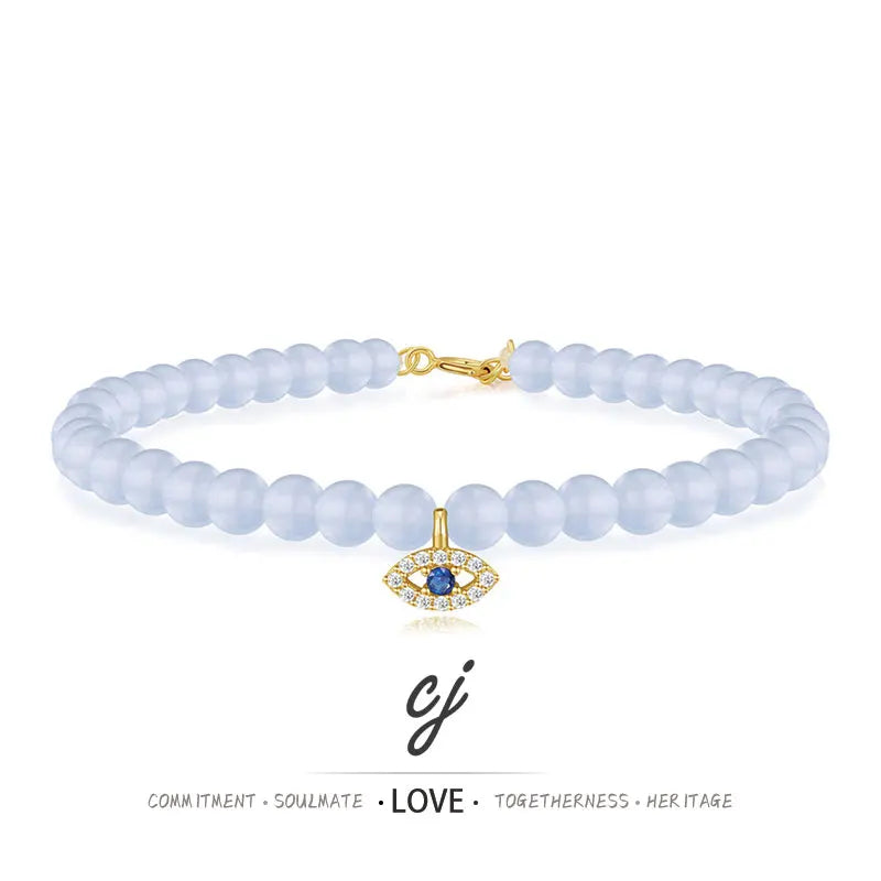 Carline Topsale 925 Sterling Silver Freshwater Pearls Beading Lucky Eye Chalcedony Zircon Bracelet Gold Plated Gifts for Girls