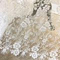 High-End White Luxury Beaded Embroidery Lace Fabric 3D Flower Floral Wedding Lace Fabric Fancy Tulle for Dress