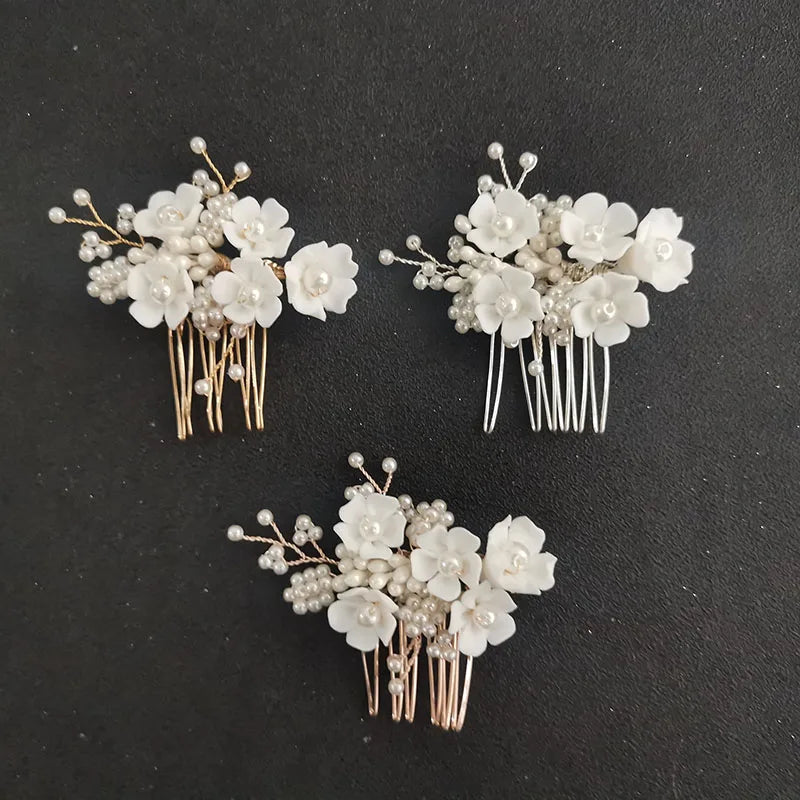 SLBRIDAL Ins Style Handmade Crystal Rhinestones Ceramic Flower Bridal Hair Comb Wedding Hair Accessory Bridesmaids Women Jewelry