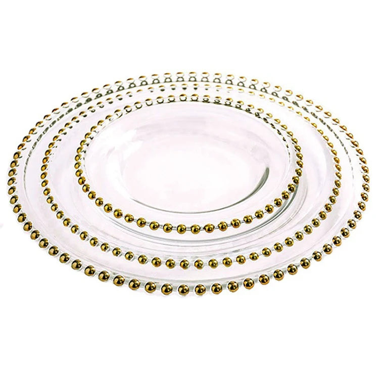 Hot Sale Wedding Decoration Dinnerware Sets Tableware Charger Plates Borosilicate Glass Gold Rim Roman Plate Dish Sustainable