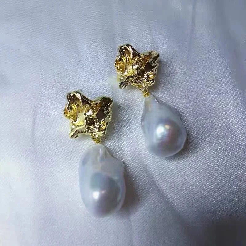 E2038 Baroque DIY Natural Freshwater Pearl Charm Earrings Mounting Accessory 925 Sterling Silver Gold Plated  Jewelry for Women