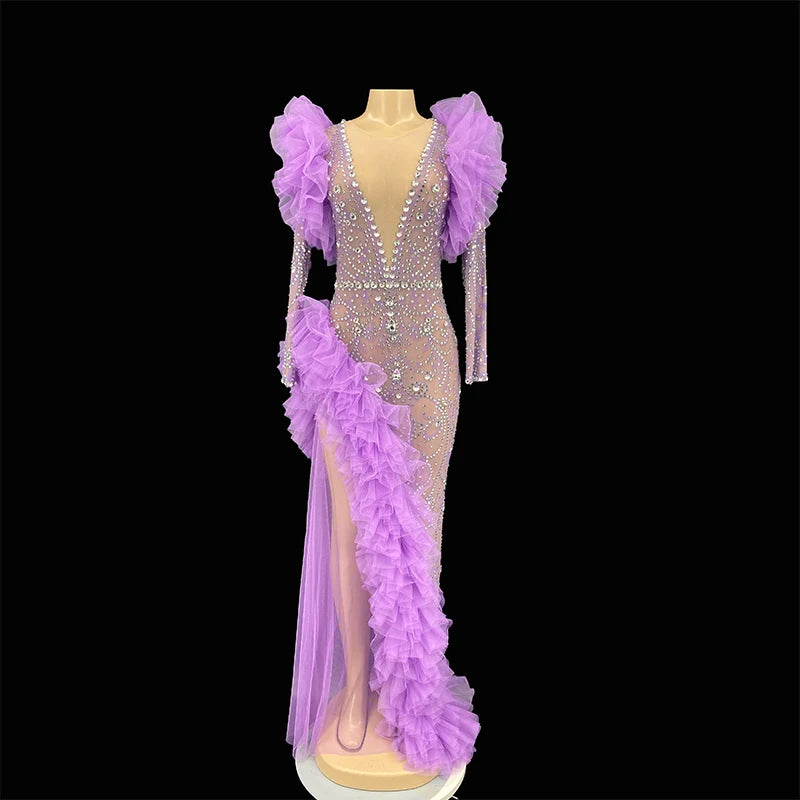 Sexy Club See Through Tassel Purple Diamond Rhinestones Club Evening Dress Luxury Evening Crystal Beading Ladies Party Wear