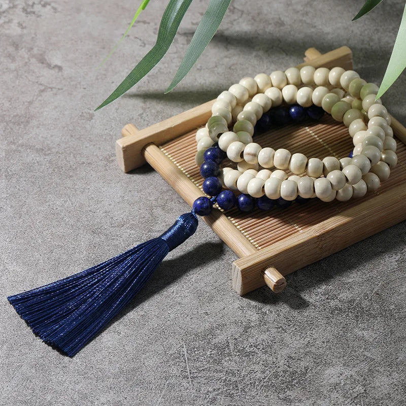 Custom Mala 108 Beaded Necklace Vintage Ethnic Wooden Beaded Long Tassel Chain Healing Crystal Stone Necklace for Women Men
