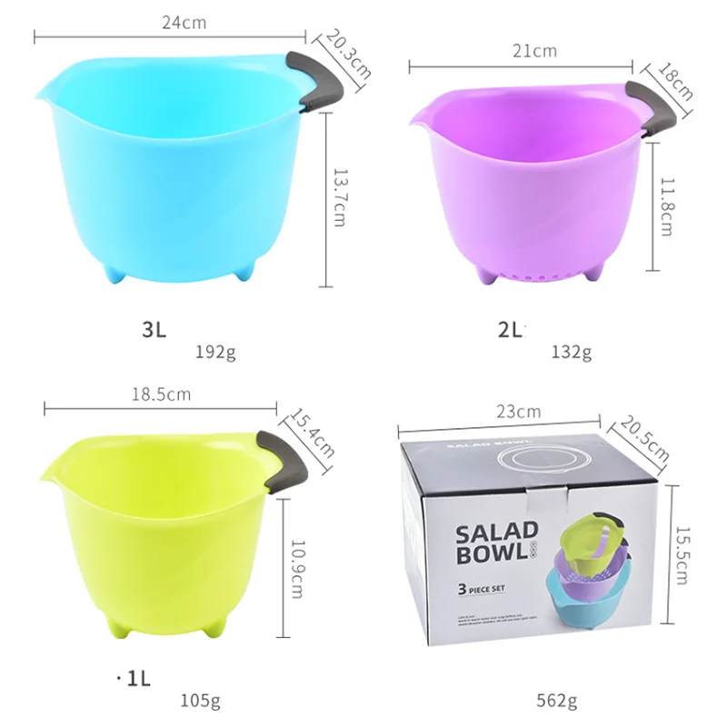 Unique Plastic Large Middle Small Sizes Home Kitchen Camping Set of 3 Eco-Friendly Disposable PP Salad Mixing Bowls