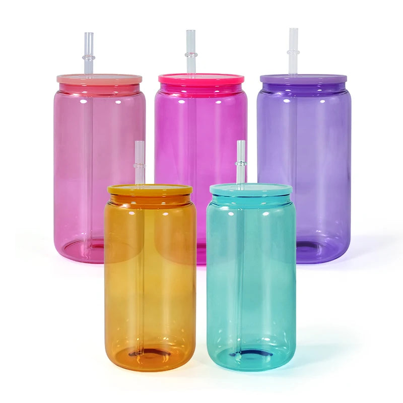 16oz Sublimation Blanks Transparent Glass Beer Can Cup New Arrival Single Wall Tumbler with Transparent Lids Customized Logo