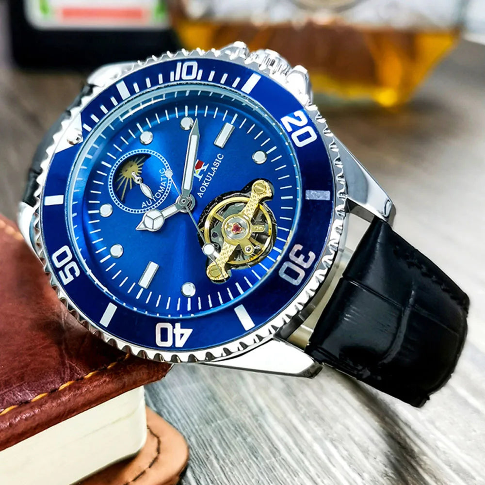 AOKULASIC Mechanical Men's Watch Business Luxury Waterproof Glow Clockwatch Reloj Hombre MOON PHASE WATCH