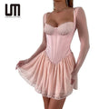 Liu Ming New Year 2025 Elegant Women Clothing Mesh Sleeve Corset Lace Patchwork Ruffles Party a Line Mini Dresses MegaBDM