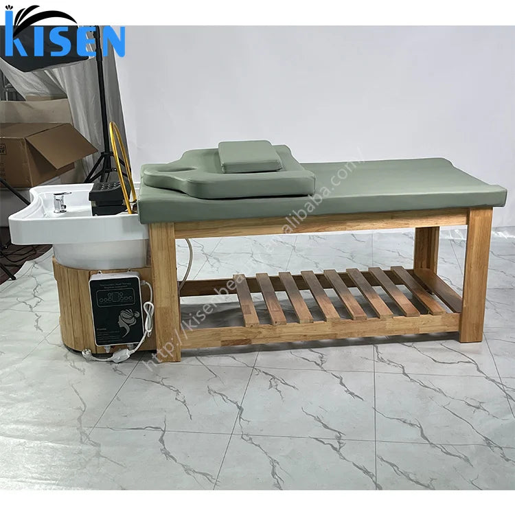 KISEN New Design Beauty Salon All Solid Wood Frame Thai Hair Washing Massage Bed Japanese Head Spa Shampoo Bed for Sale