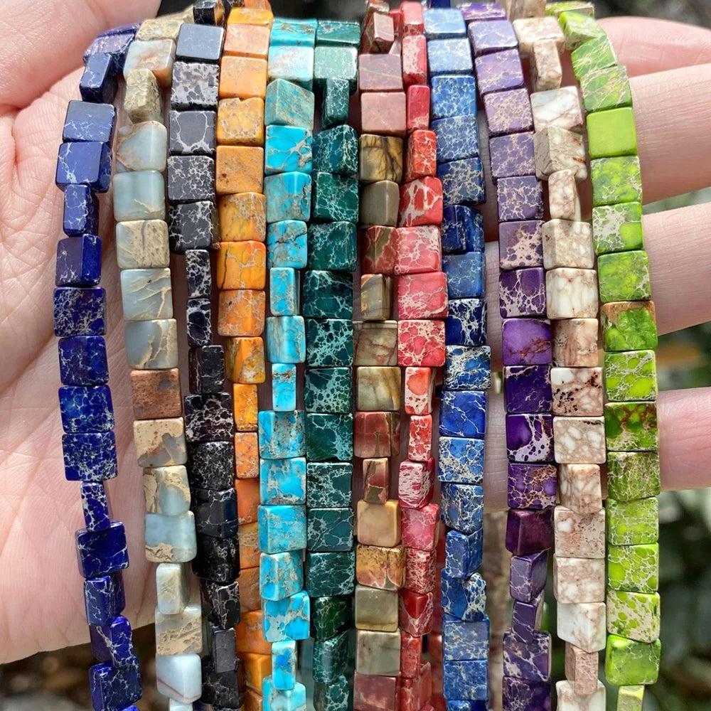 AsVrai U 3x6x6mm Natural Stone Colorful Sea Sediment Jaspers Flat Square Turquoises Loose Beads for Jewelry Making DIY Bracelet