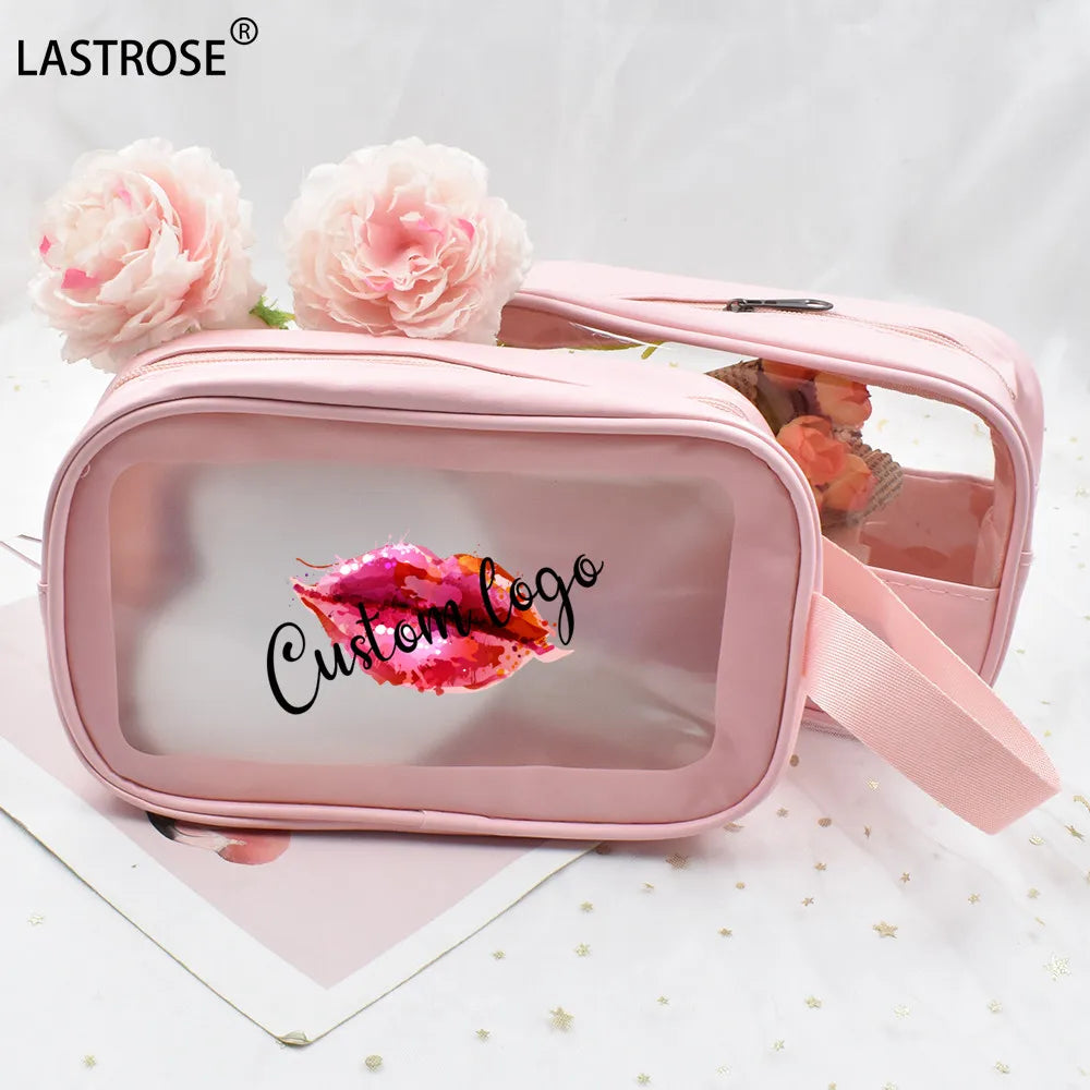 Simple Lovely pink OEM logo Makeup Bag Cosmetic & Toiletry Bags Print logo Bag with Zipper for Girls Women for Travel Swimming