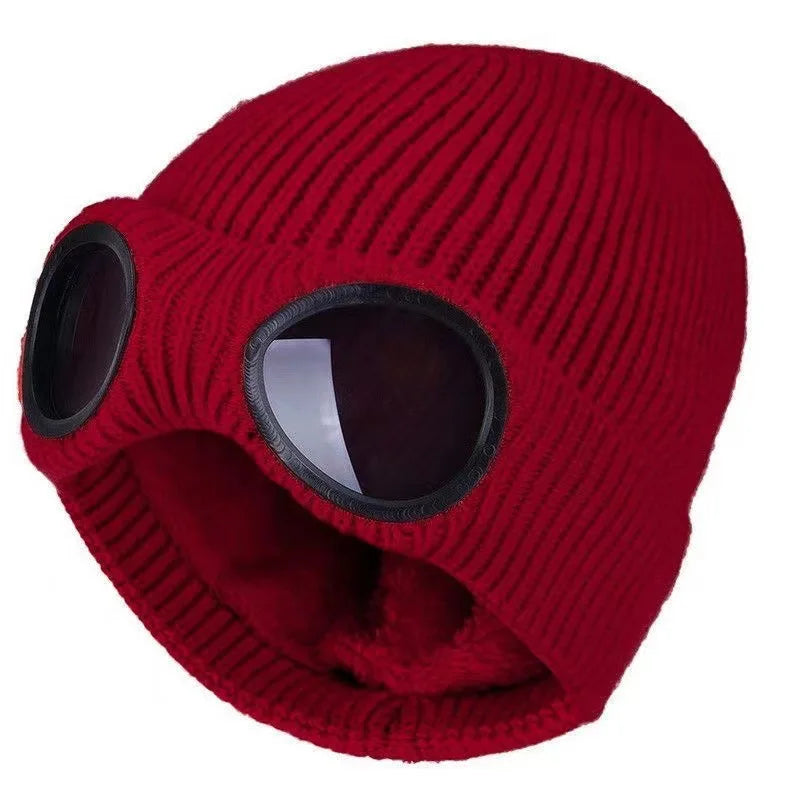 Skiing Men's and Women's Autumn and Winter Glasses Hats Goggles Knitted Sports Hats with Sunglasses Windproof and Warm Hats