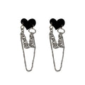 Korean Sweet and Cool Long Tassel Chain for Trendy Black Heart Silver Earrings