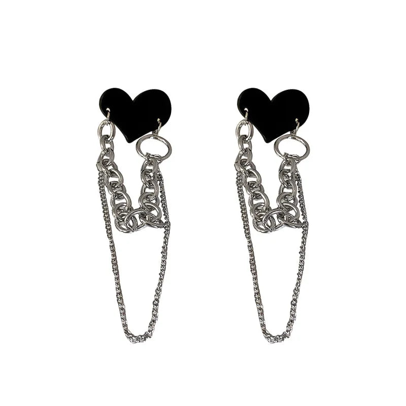 Korean Sweet and Cool Long Tassel Chain for Trendy Black Heart Silver Earrings