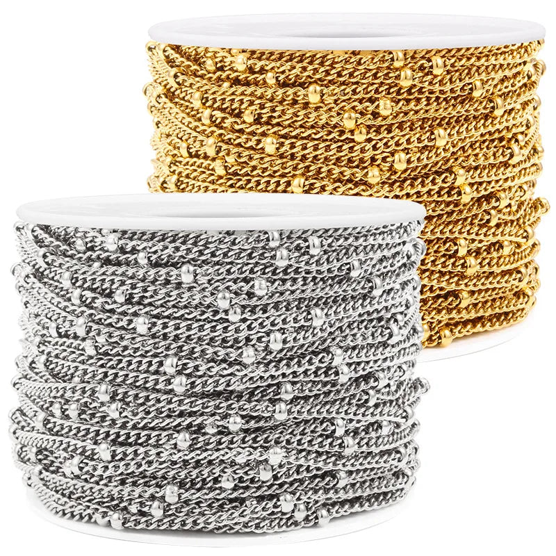 Most Popular Stainless Steel Waterproof 18K Gold 1.5mm 1.8mm Bead Cuban Chain Roll Findings for DIY Jewelry Making Components