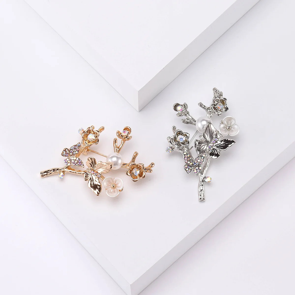 Chinese Style Wedding Decorative AB Rhinestone Pearl Plum Blossom Flower Brooches Pin