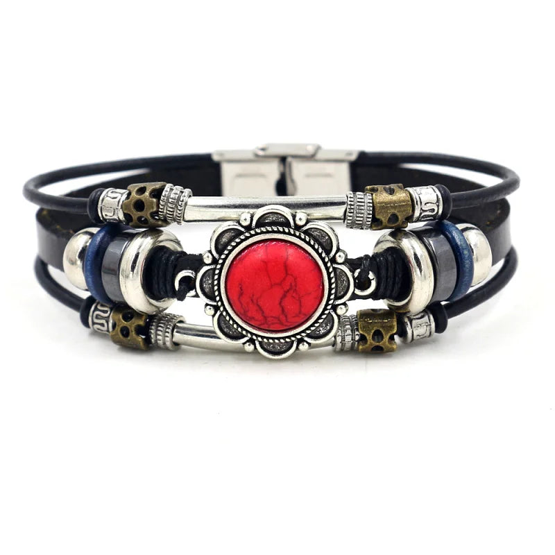 Ethnic Jewelry Multilayer Leather Beaded Turquoise Flower Charm Bracelet for Women