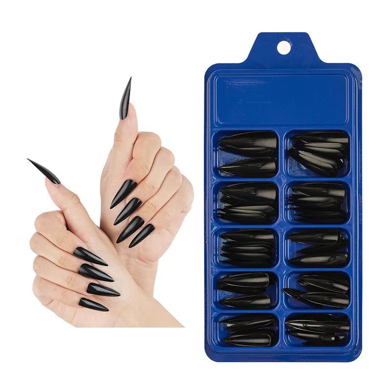 120pcs Solid Color  Blue Box Packed Artificial Fingernails False Nail Tips Long Stiletto Press on Nails