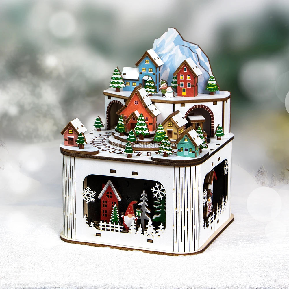 2026 Christmas Gift Colorful 3D Village Winter  Light Scene Custom Laser Cutting  Christmas Crafts  with Rotating Train