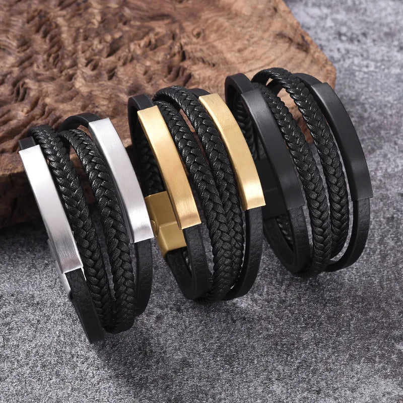 Custom Logo Real Leather Woven Multi Layer Bracelet for Men Rope Chain Fashion Clasp Bangle Classic Fashion Jewelry Gift