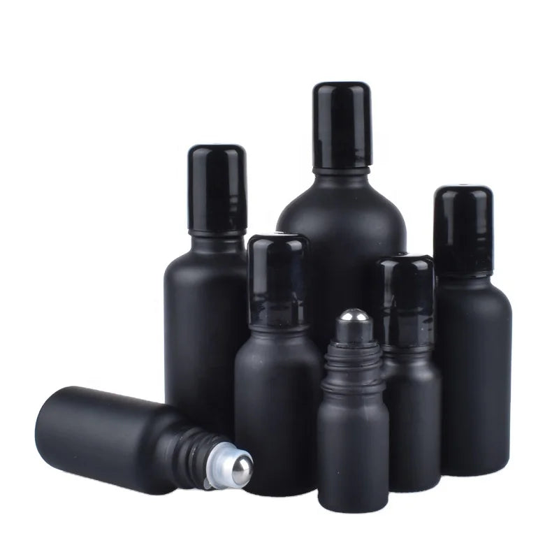 Hot Sale 10ml30ml50ml100ml Matte Black Glass Roll on Bottle with Stainless Steel Roller Ball Popular Roller Bottles