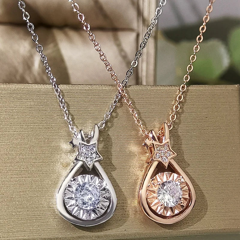 CAOSHI Delicate Water Drop Sweet Pendent Necklace Big Round Star Zircon Women Lady Pear Hollow Necklace Rose Gold Silver