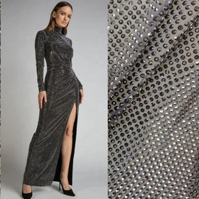 HS0123 Spandex Nylon Black Power Mesh Fabric With SS20 Big Jet Black Stones for Party Dress