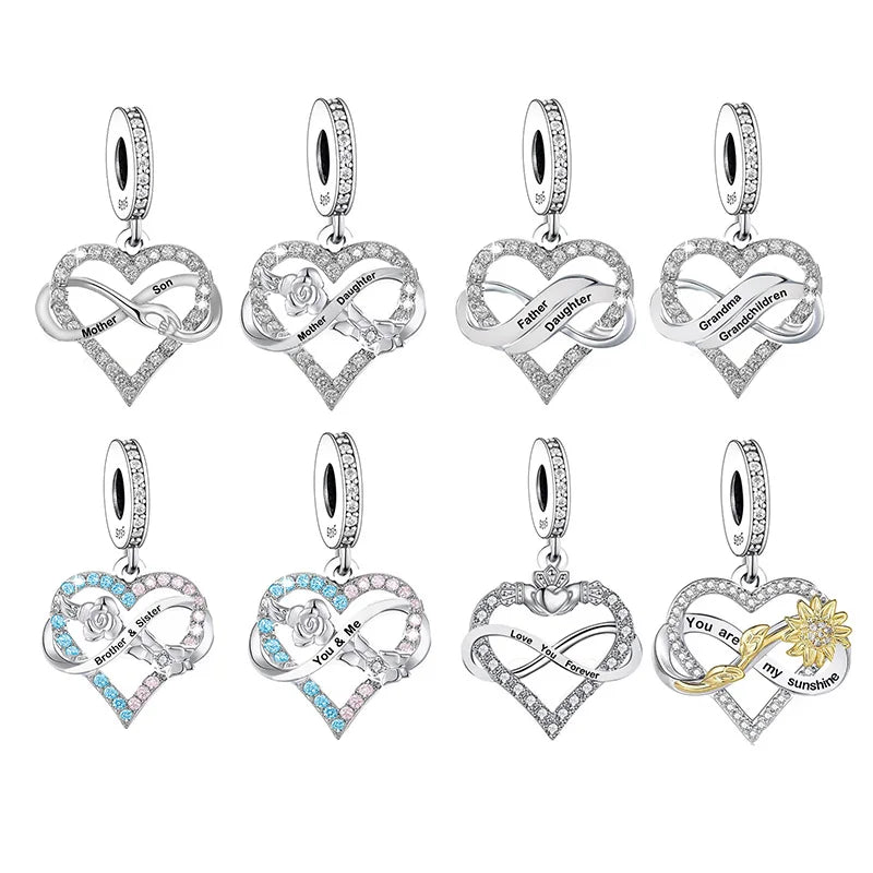 Fit Original Brand Charm Bracelet 925 Sterling Silver Mother Daughter Heart Infinity Bead for Women Jewelry Making