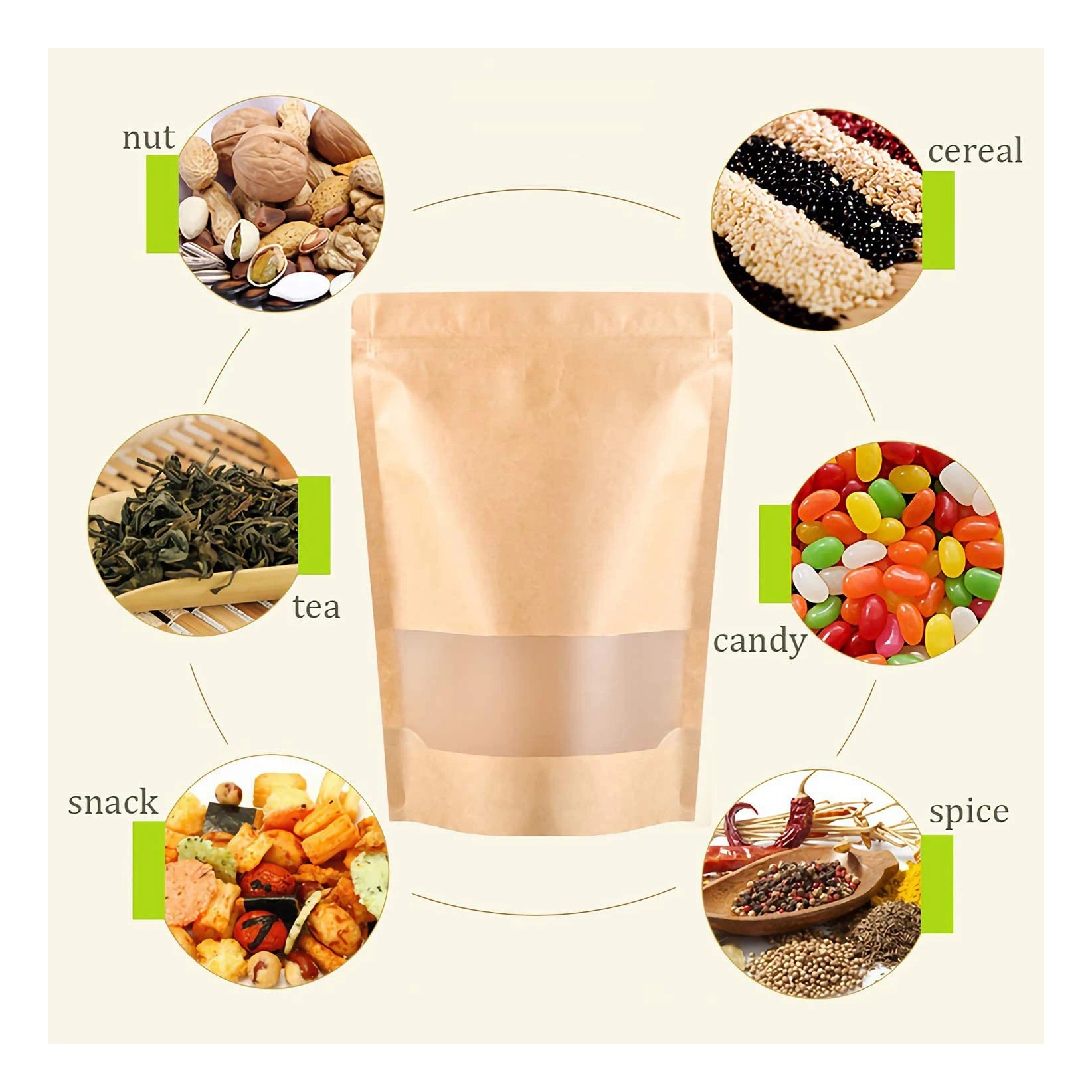 50packs Resealable Kraft Paper Stand up Pouches With Window Zip Lock Coffee Mylar Bags for Packaging Products
