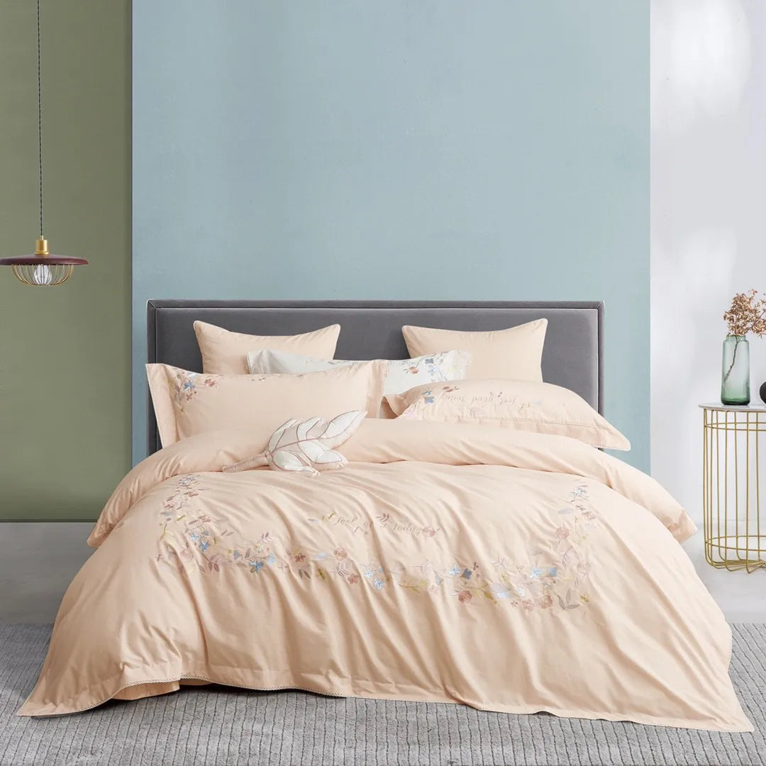ODM/OEM Exquisite Flower Embroidery Duvet Cover Soft king Size Orange Washed Cotton Bed Linen Home Textile Bedding Set