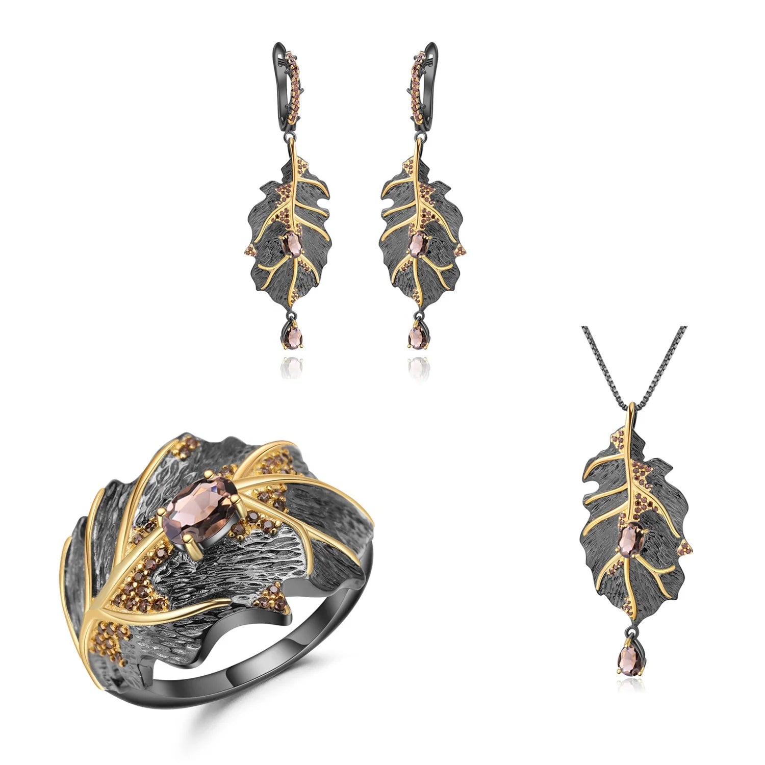 Abiding Natural Smoky Quartz Women Jewelry Set 925 Sterling Silver Gemstone Necklace Earring Ring Set