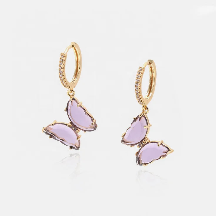 Isunni Wholesale butterfly Jewelry pink Purple Crystal butterfly Korean Earrings