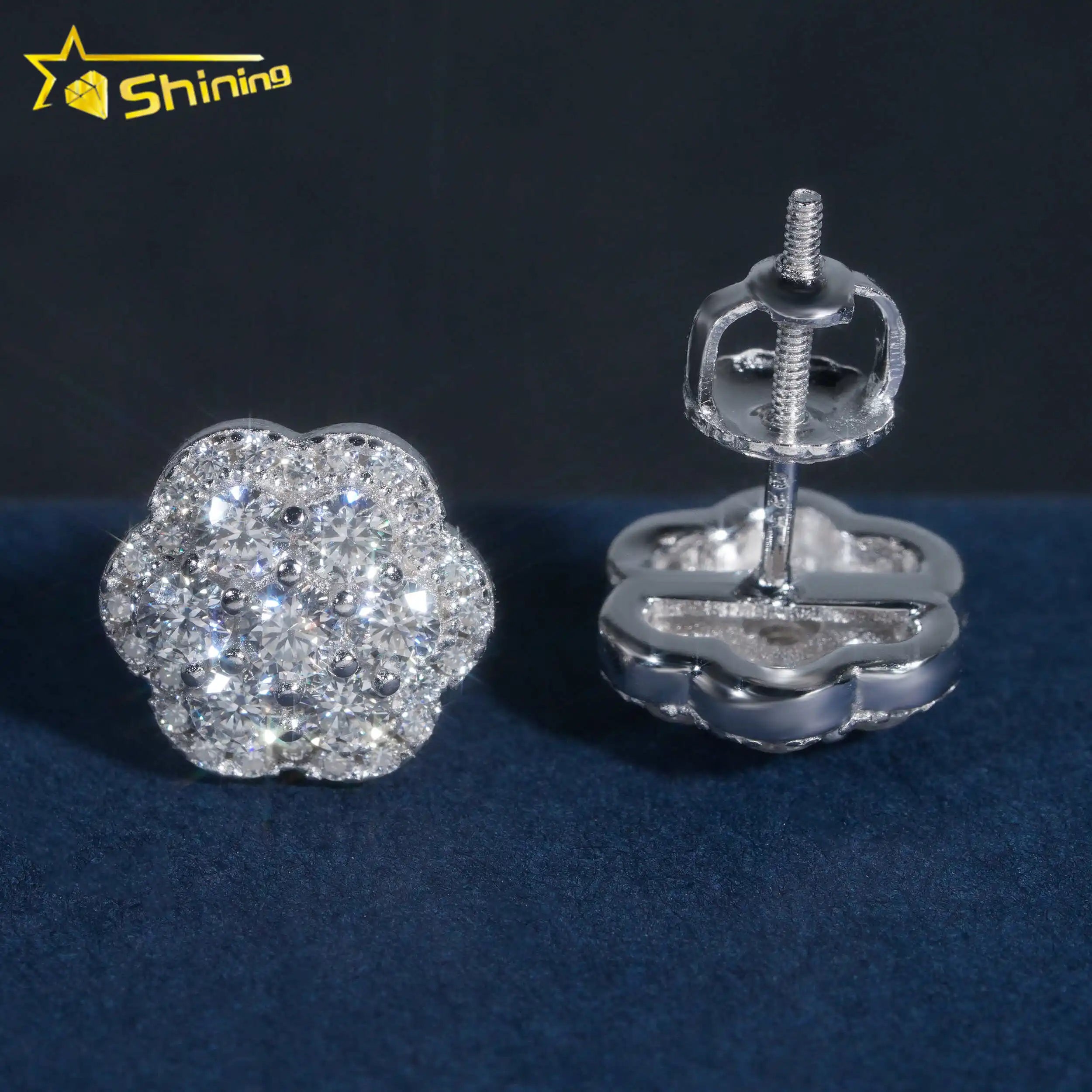 18K Gold Plated Flower Earrings Hip Hop Jewelry 925 Sterling Silver Cluster Moissanite Ear Studs Screw Back Pass Diamond Tester