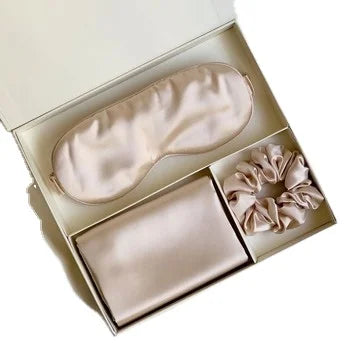 Custom Silver Infused Luxury Print Mulberry Silk Pillow Case Sleep Eyemask Scrunchie Gift Set