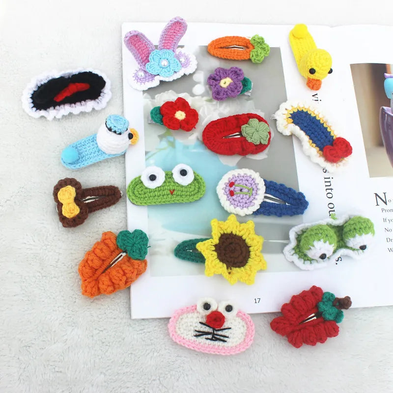 MIO Handmade Crochet Knitted Cartoon Hair Clip for Girls Cute Carrot Fruit Bow Hairpin Flower Kids Bangs Side Hair Clip