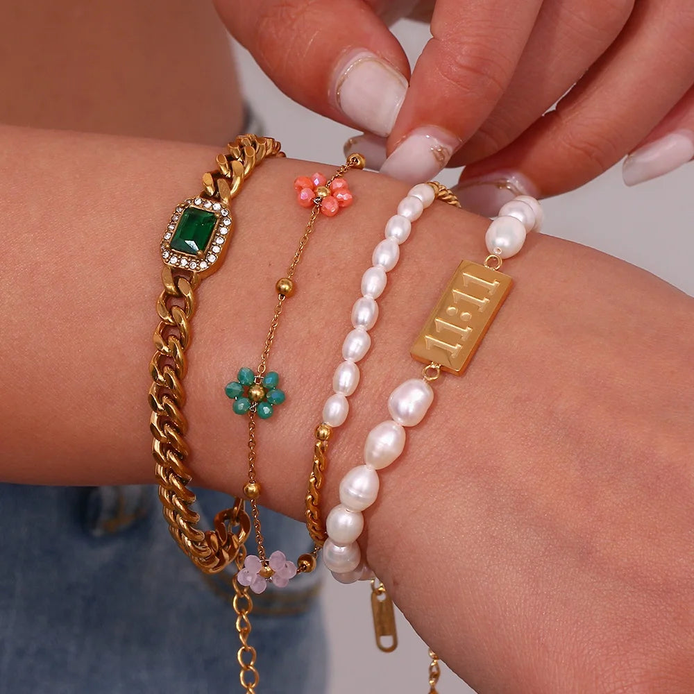 Summer Jewelry Water Proof Chain Anti Tarnish Bracelet Set for Women Fresh Water Pearl Bracelet Stainless Steel Jewelry