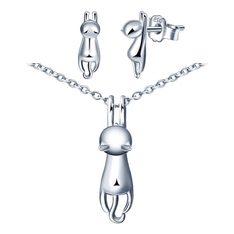 925 Sterling Silver Fashion Lazy Cat Necklace and Earrings Set Rhodium Plated for Wedding Gift Engagement Anniversary