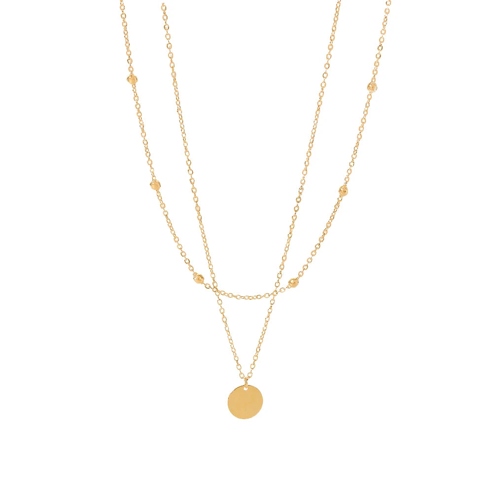 18K Gold Plated Layer Stainless Steel Double Layer Mini Bead Chain Disc Charm Necklace for Girls