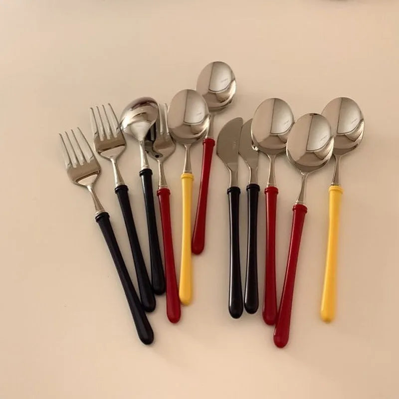 Korean Ins Plastic Handle Knife and Fork Spoon 304 Stainless Steel Cutlery Western Steak Three Pieces