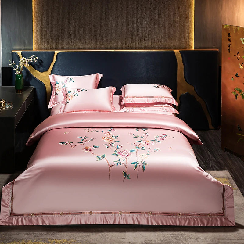 Luxurious pink Flower Embroidery 100% Cotton Duvet Cover Pillow case 4-piece Bedding Set