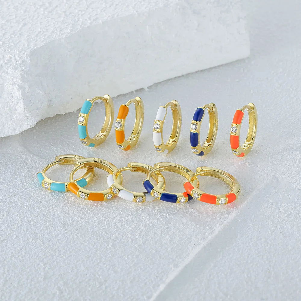 925 Silver Hoop Earrings Cute Zircon Colorful Small Enamel Rhodium & Gold Plated Wedding Party Gift