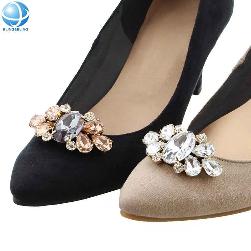 Customized Colors Rhinestone Glass Shoe Brooch Removable Style Clip on Shoes Decoration Alloy Shoes Clips for Women High Heels
