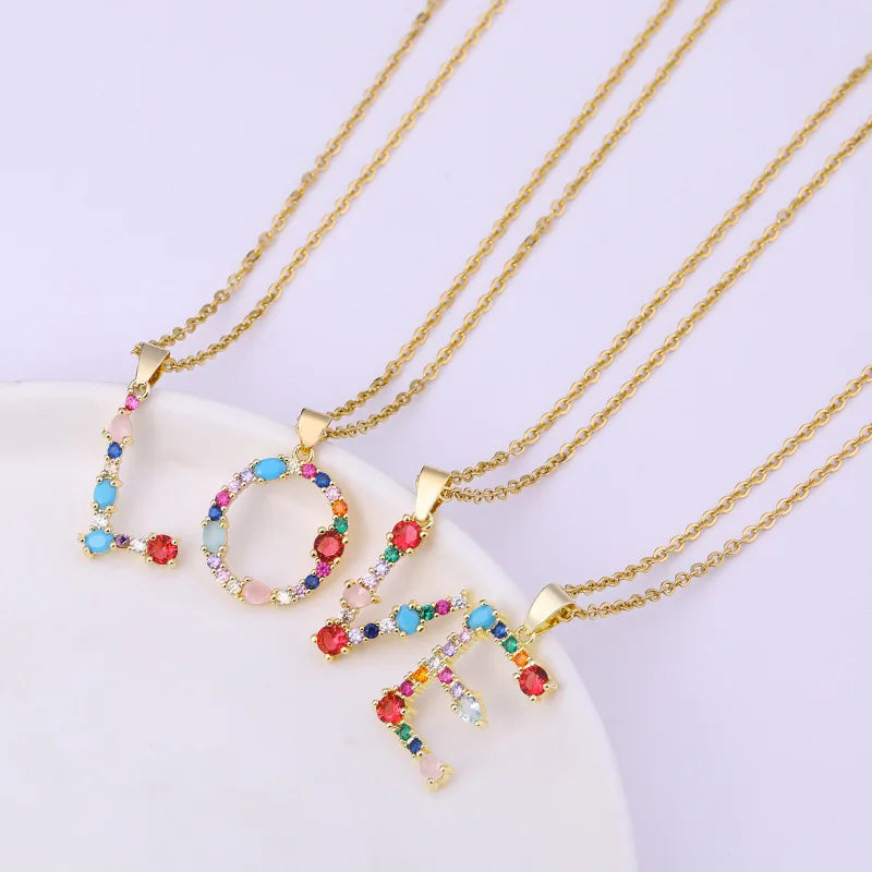 Fashion Copper Women's 26 Initial Letter Jewelry Gift Necklace with Zircon Stainless Steel Chain Necklace