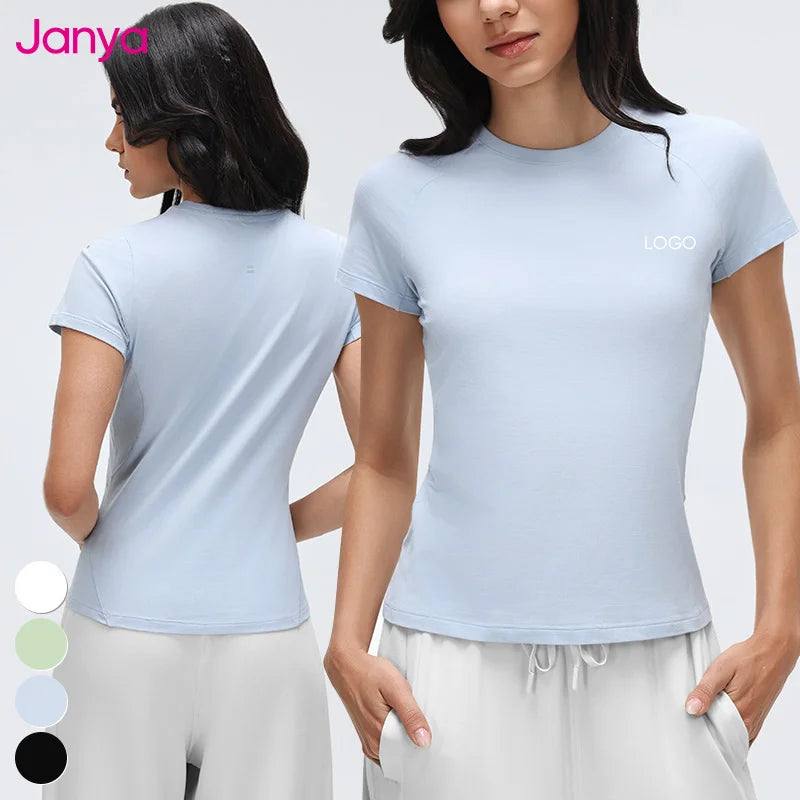 Janya 2026 Automated Cutting Four-Way Stretch Breathable Gym Tops Soft Lightweight Crew Neck Sports Shirts Short Sleeve Yoga Top