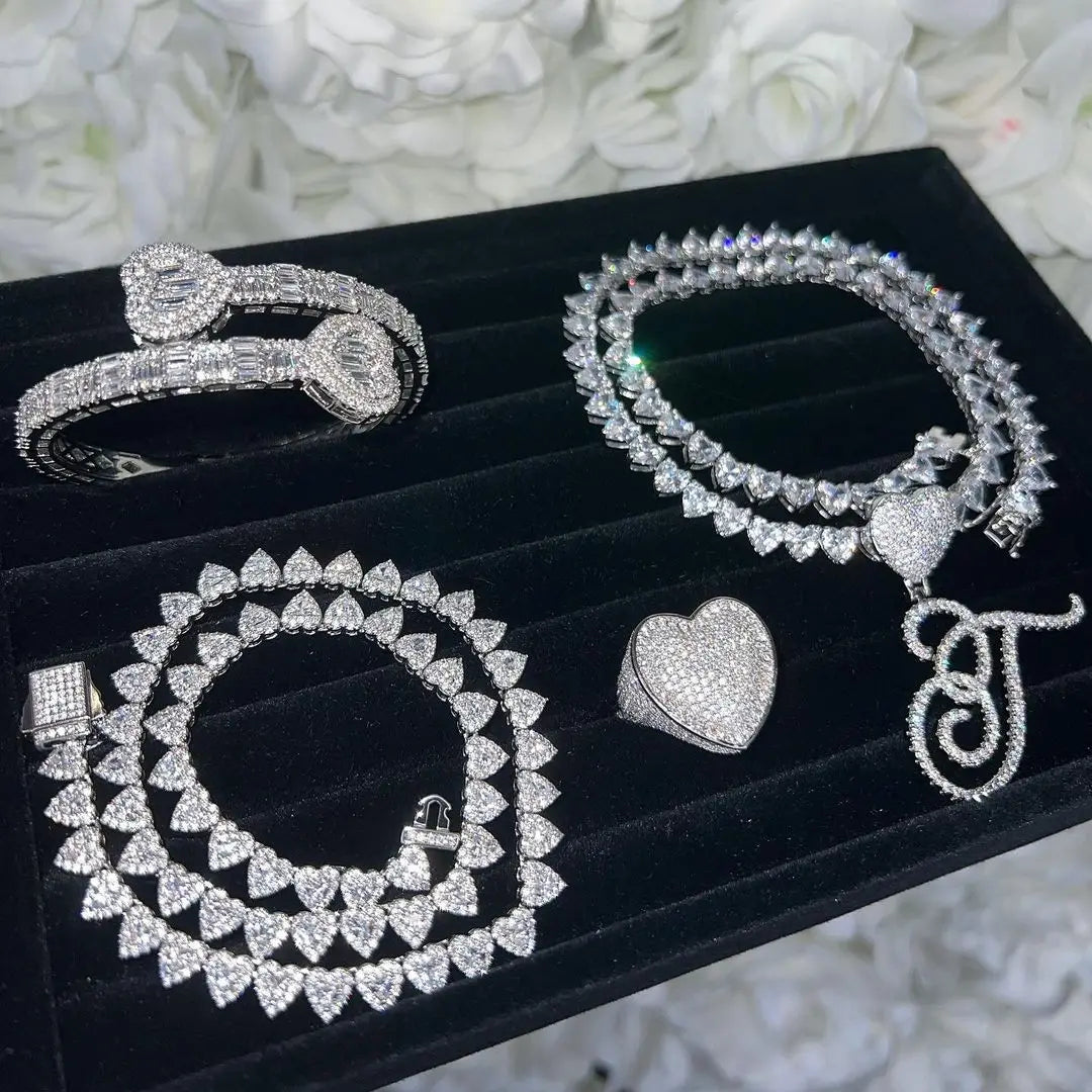 A-Z Alphabet Initial Heart Hook Cursive Pendant CZ Women Letters Hip-hop Diamond DIY Name Initial Necklace With Tennis Chain