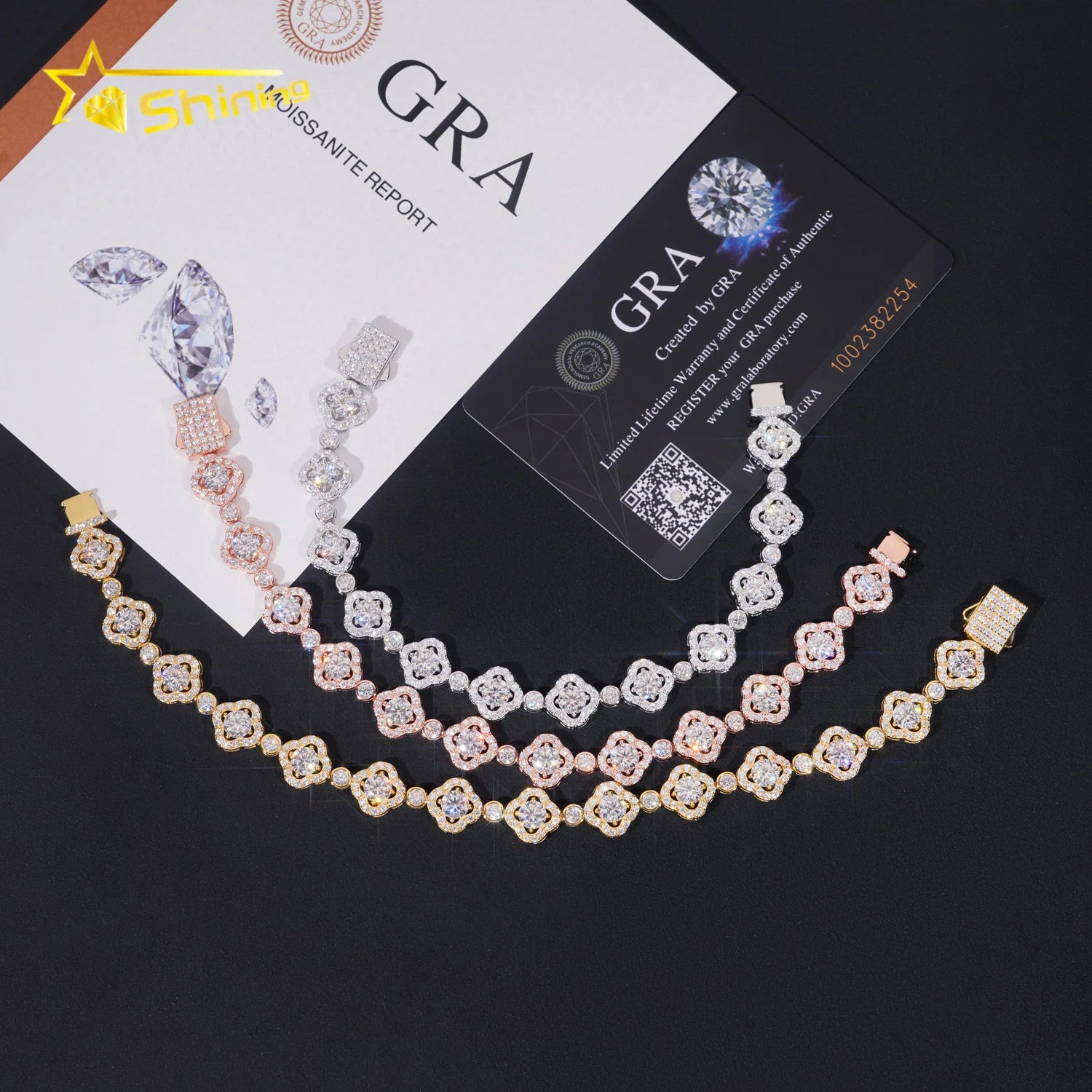 New Arrival Iced Out Hip Hop Moissanite Clover Bracelet Men Women Gold Plated 925 Silver Fine Jewelry Moissanite Cuban Bracelet