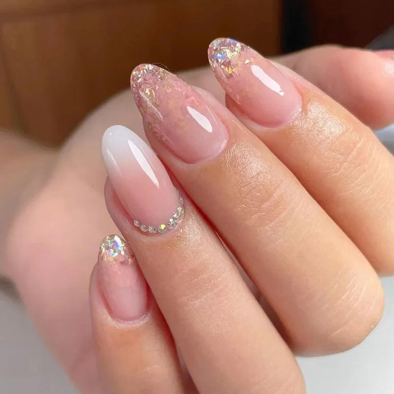 Luxury Medium Stiletto pink Gradient White False Nail Full Cover Press on Artificial Finger Fake Nails Supplier