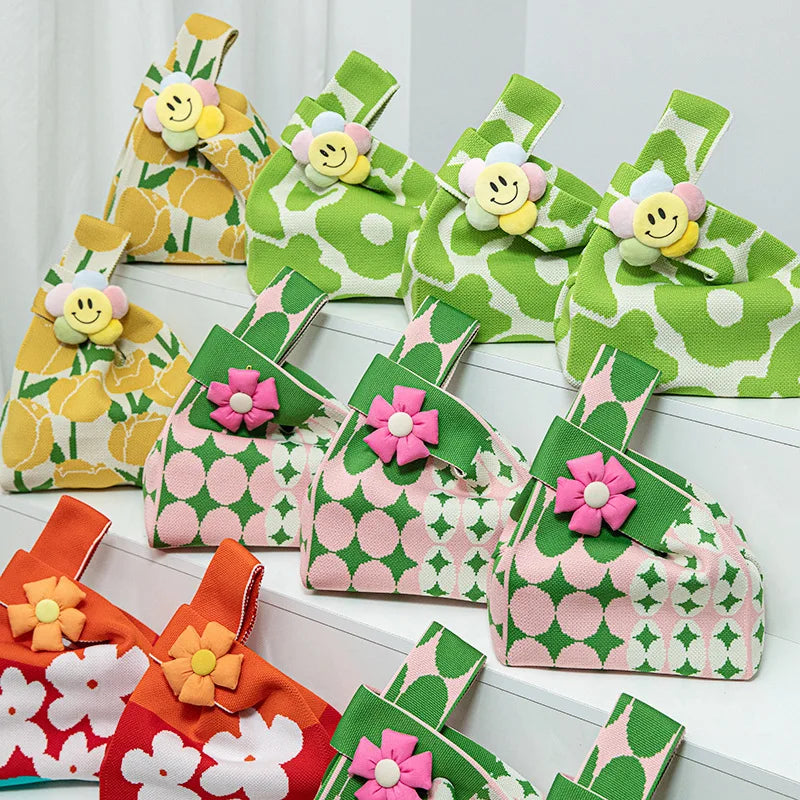 Practical Small Flower Knitted Bag Open Handbag Polyester Kindergarten Birthday Parties Baby Kids Gift Candy Storage Bag