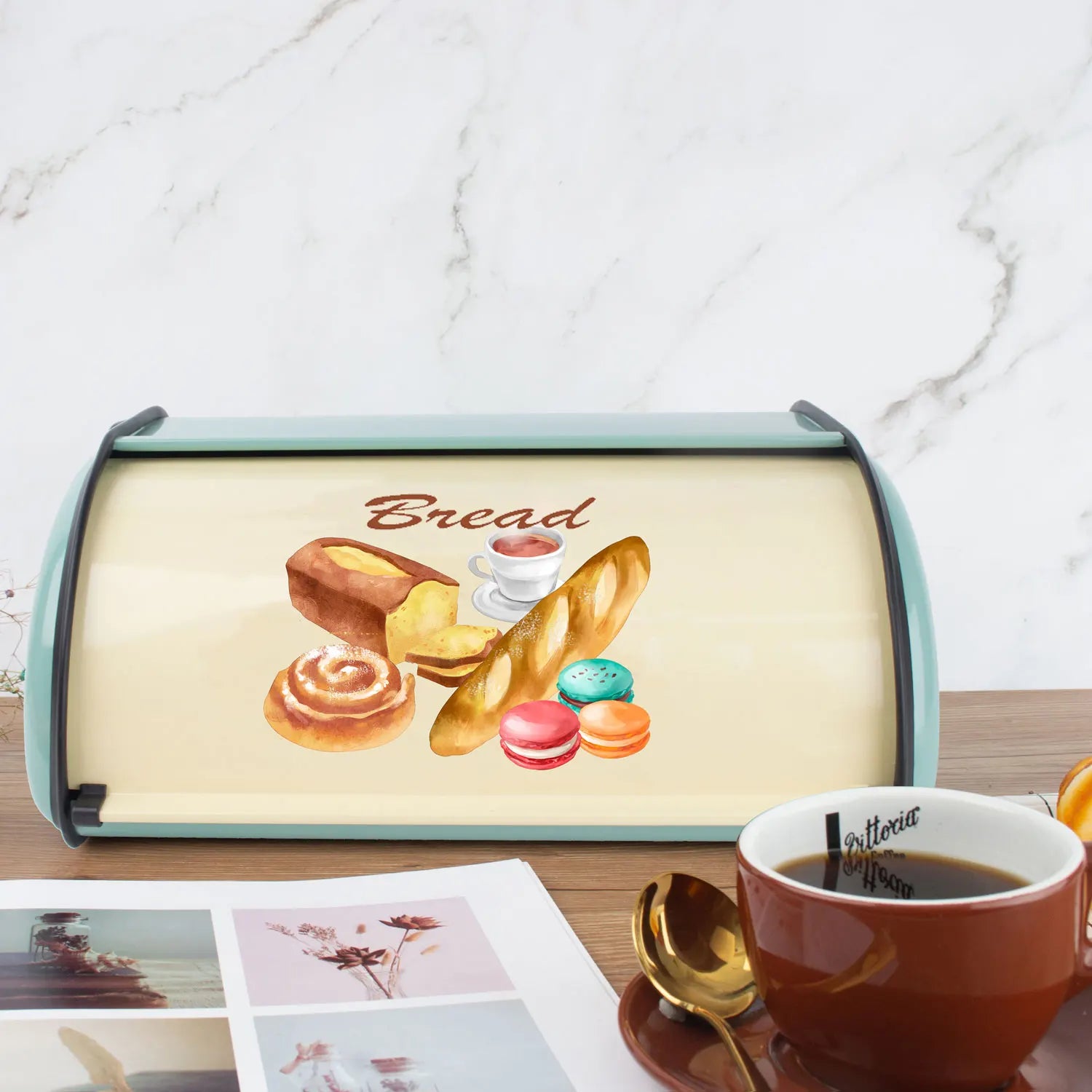 In Stock Stainless Steel Bread Box With Roll up Lid Counter Storage Color Printing Bread Bin Holder for Home and Kitchen