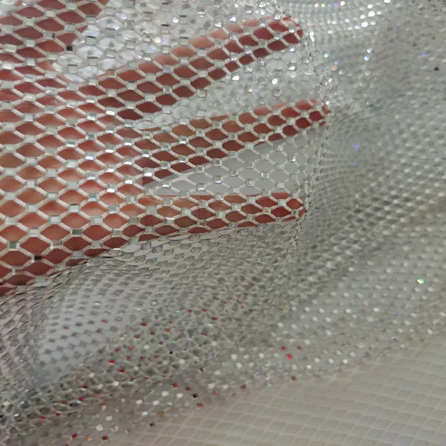Shiny Elastic Stretch Rhinestone Mesh Fabric Rhinestone Fish Net 1.3 Meter Wide for Dancing Dress