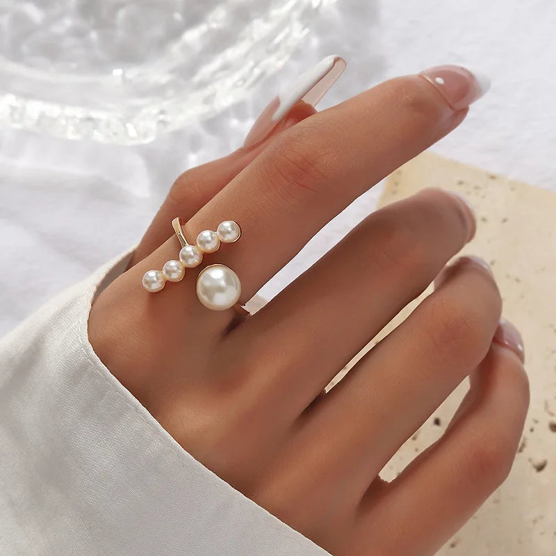 Boho Luxury 18K Gold Plated Paved CZ Cubic Zirconia Pearl Opening Adjustable Pearl Ring for Women Jewelry